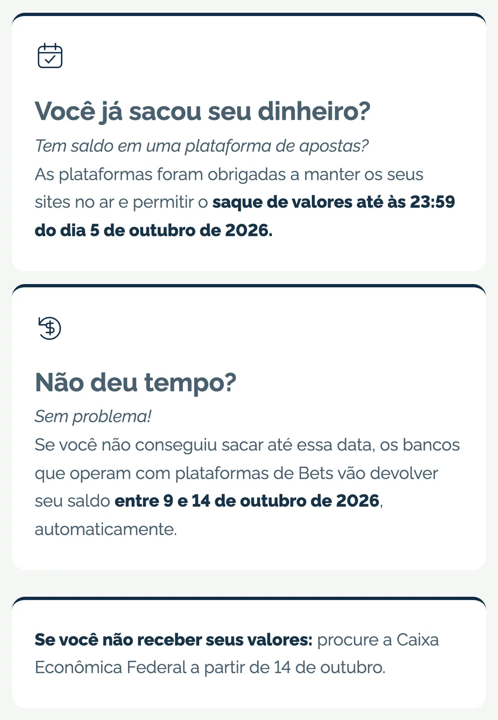 Página do governo com o saque até 05/10/2026, a devolução de 09 a 14 de outubro e a orientação de procurar a Caixa