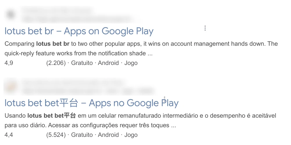 Dois resultados do Google com título de Google Play, notas 4,9 e 4,4, hospedados fora da loja